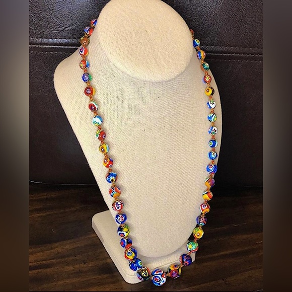 VINTAGE Graduated Millefiori Italian Hand Blown Glass Bead Necklace 24” - Picture 4 of 15